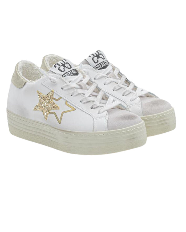 2Star Sneakers HS Pelle con Dettagli Glitter Bianco-2