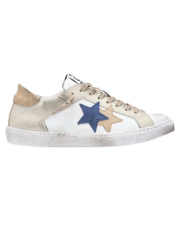 2Star Sneakers Very Star Pelle Bianca Dettagli Ghi Blu Beige