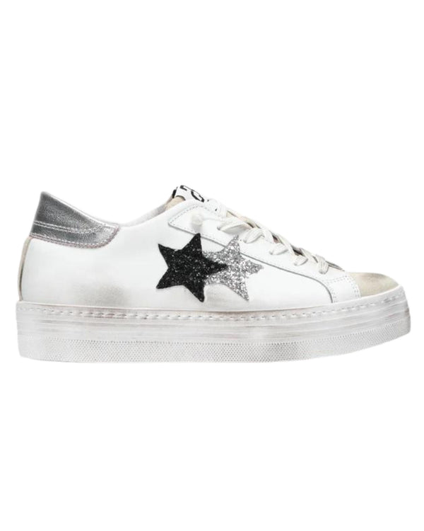 2Star Sneakers Platform 4 cm Glitter Effetto Used Pelle Bianco