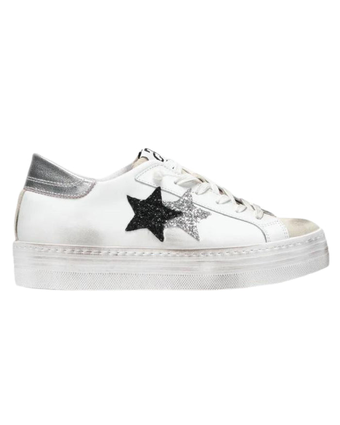 2Star Sneakers Platform 4 cm Glitter Effetto Used Pelle Bianco 1