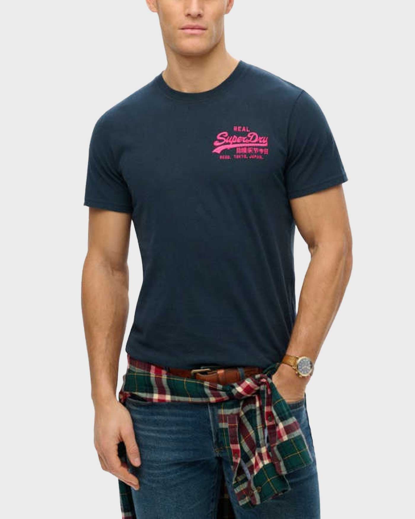 Superdry t-shirt men uomo logo ricamato Relaxed Fit Tee Grigio Scuro