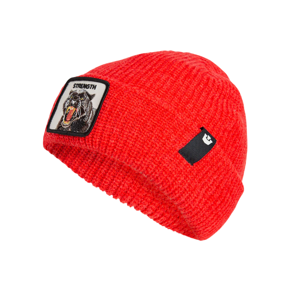 Goorin Bros. Cuffia Beanie 'Strenght' in Misto Acrilico Rosso Rush con Patch Pantera Unisex