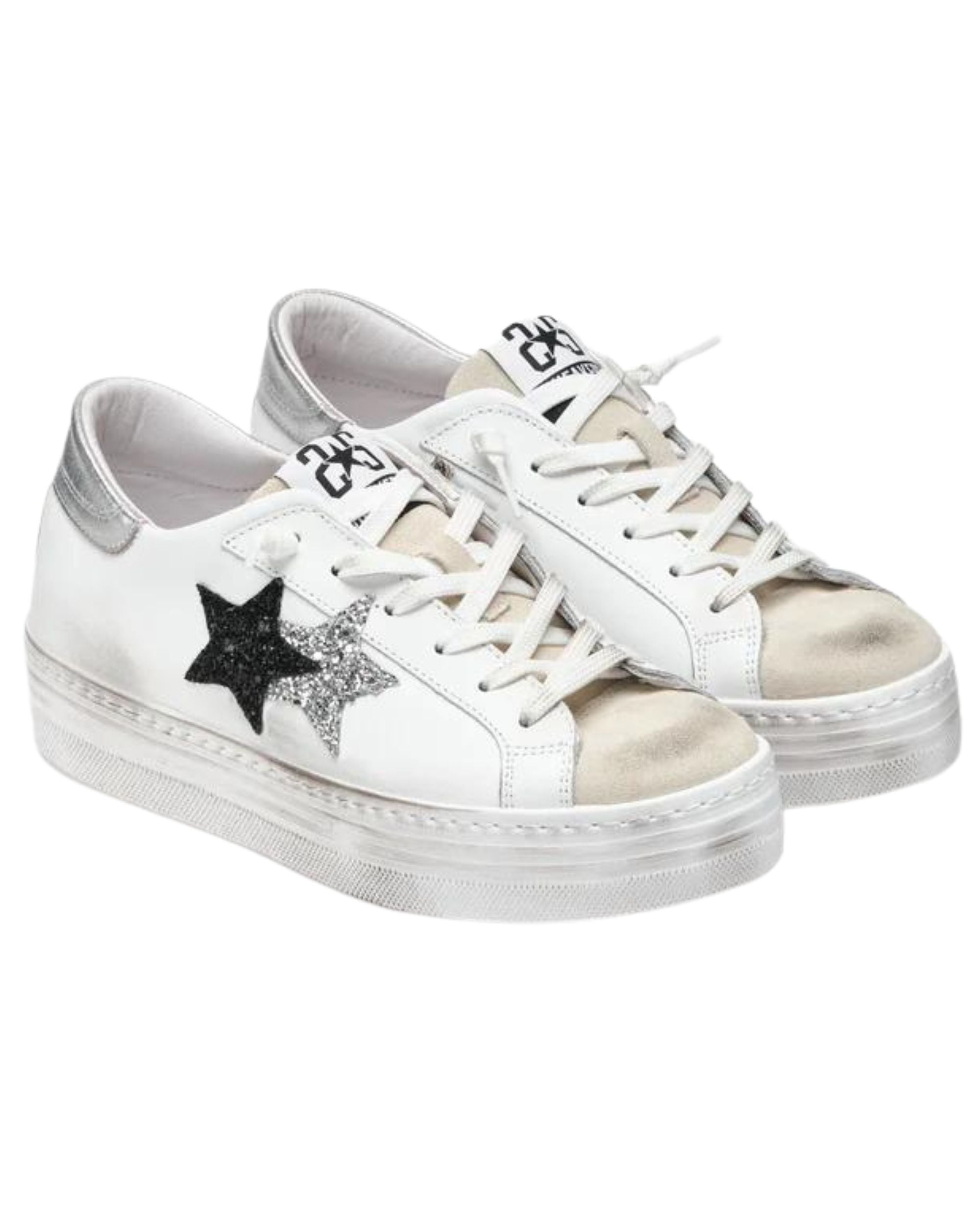 2Star Sneakers Platform 4 cm Glitter Effetto Used Pelle Bianco