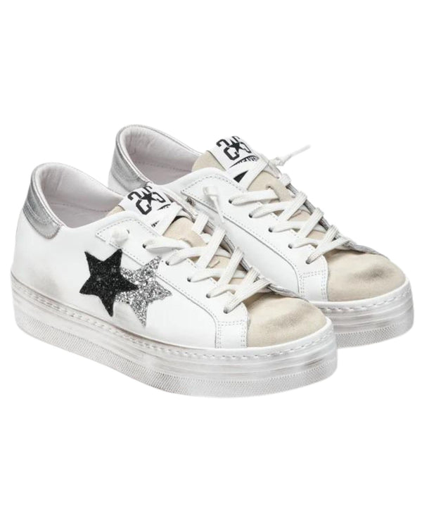 2Star Sneakers Platform 4 cm Glitter Effetto Used Pelle Bianco-2