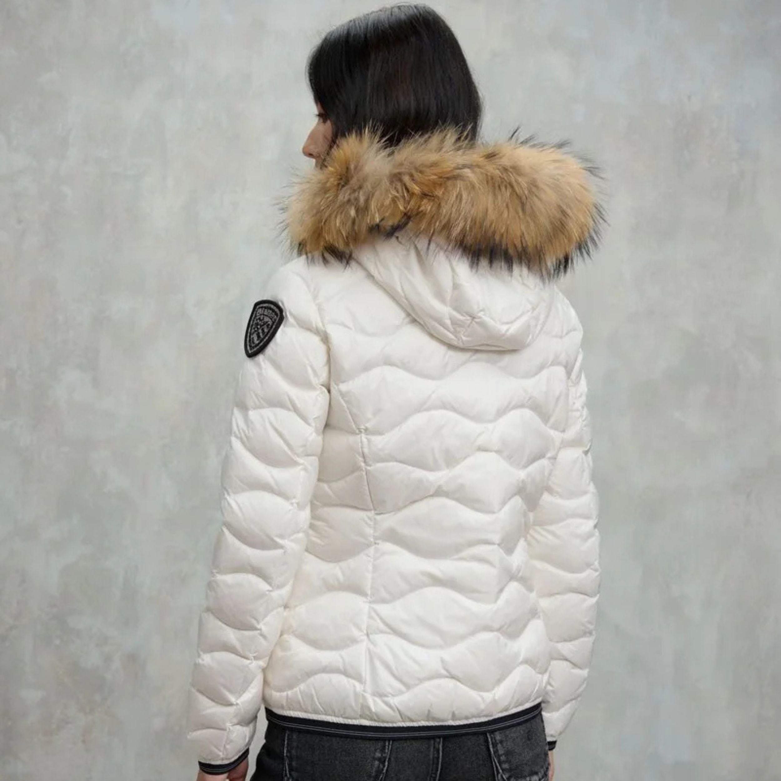 Blauer Piumino Corto Aldie Bianco Ottico Donna con Cappuccio con Pelliccia