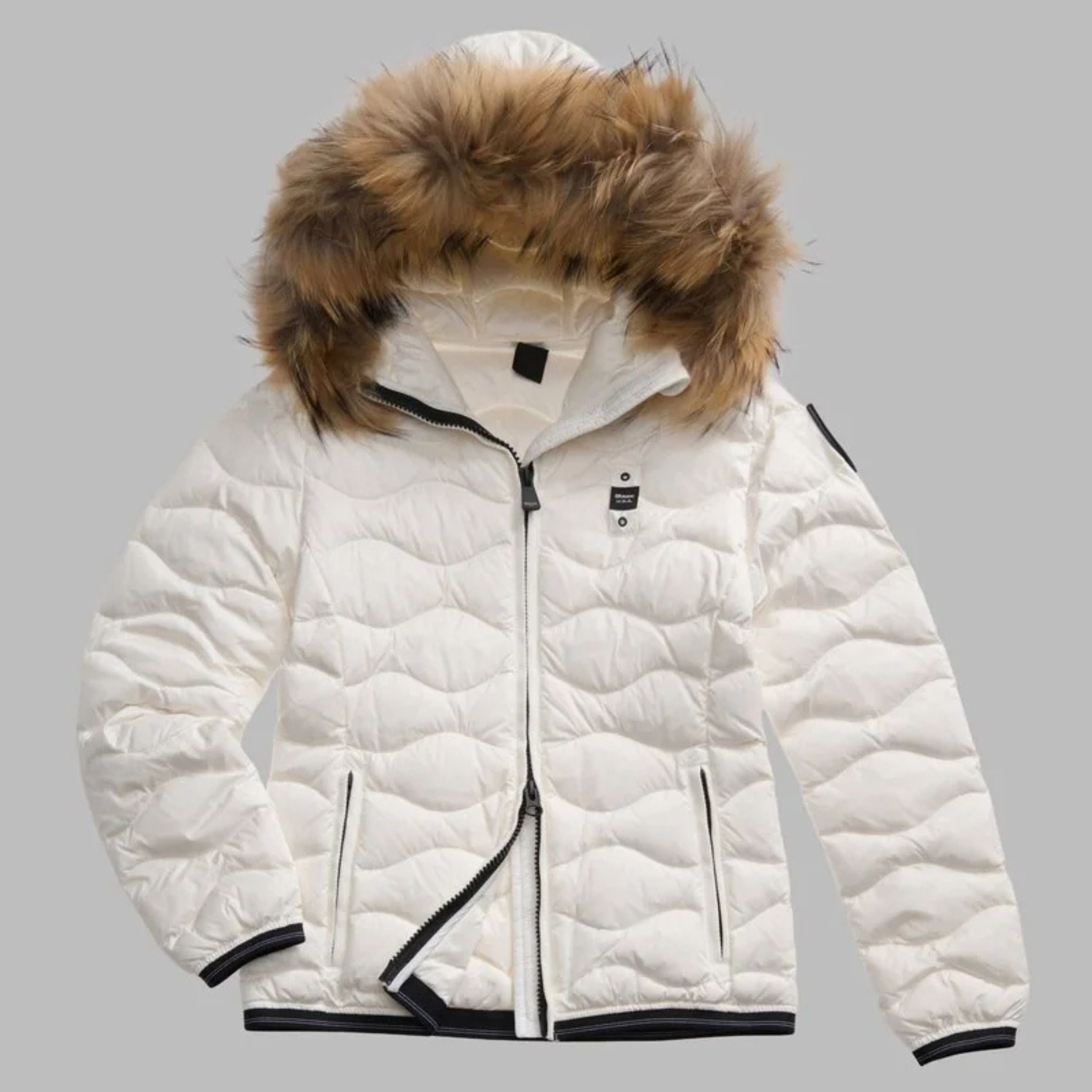 Blauer Piumino Corto Aldie Bianco Ottico Donna con Cappuccio con Pelliccia