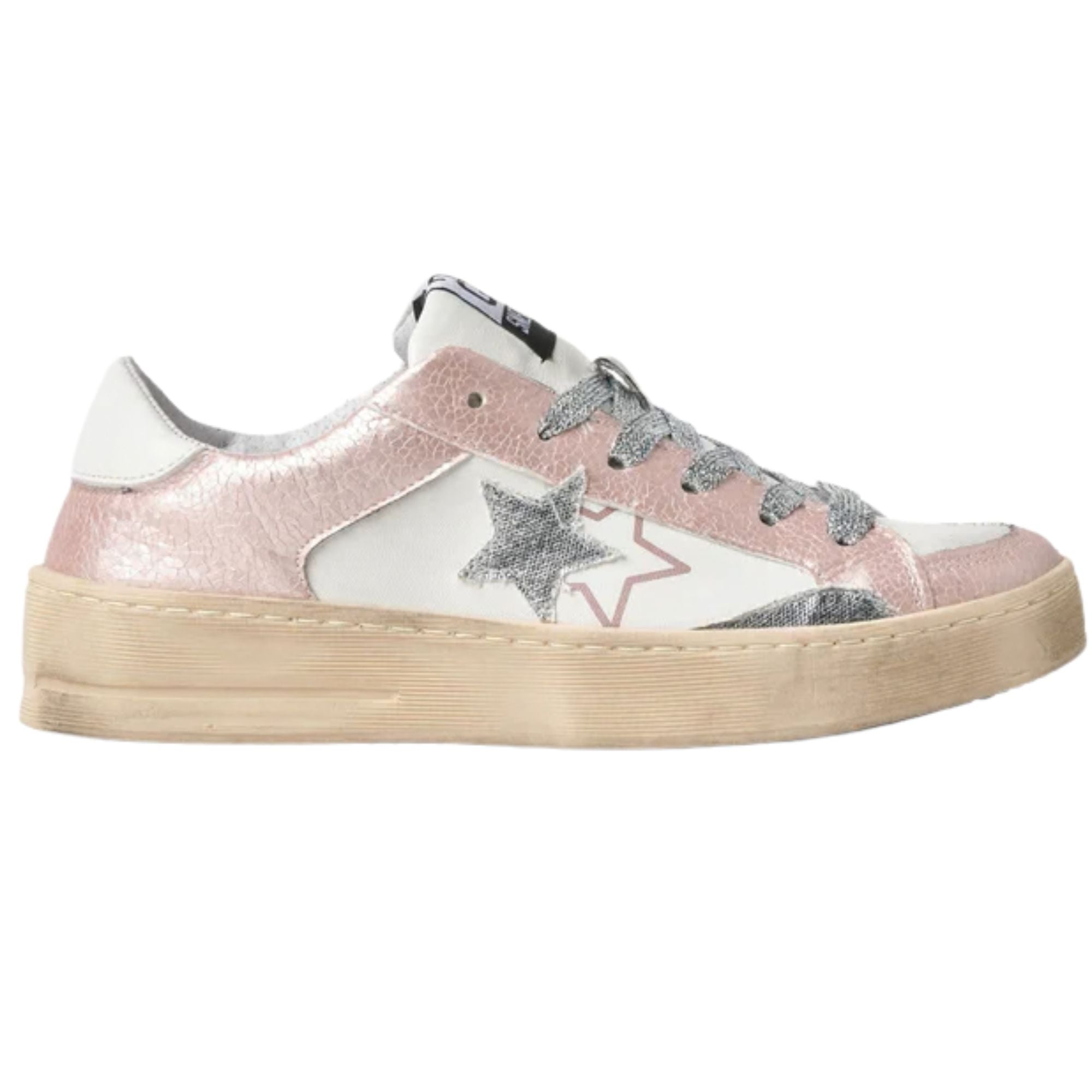 2Star Scarpe Sneakers Made in Italy artigianali ENJOY STAR Pelle donna Rosa Argento D5073