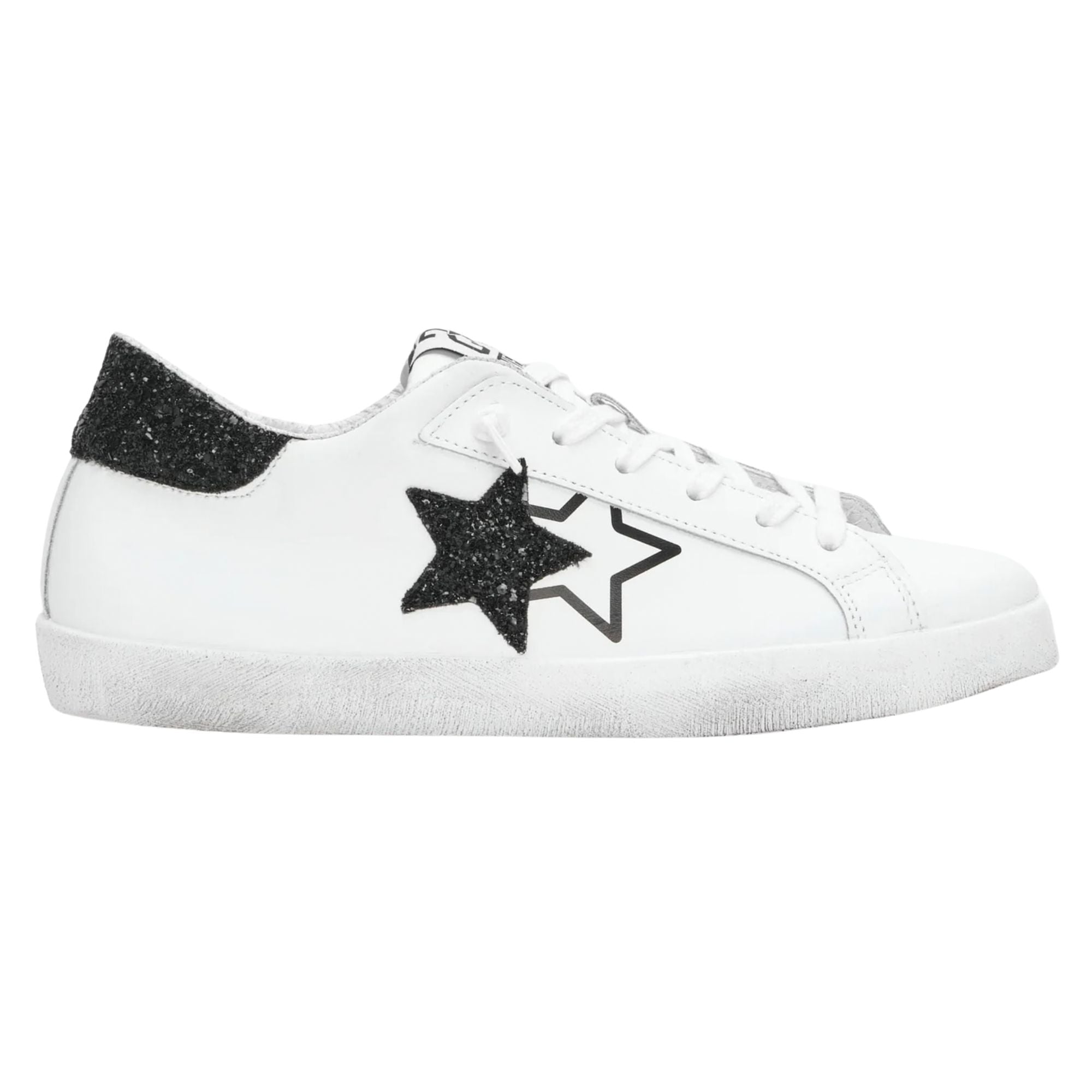 2Star Scarpe Sneakers Made in Italy artigianali PRIME STAR Pelle donna Bianco glitter nero D4898
