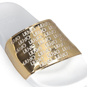 Liu Jo Scarpe ciabatte Kos 18 Sandali Mirror bianco oro maxi fascia LOGO ALL OVER