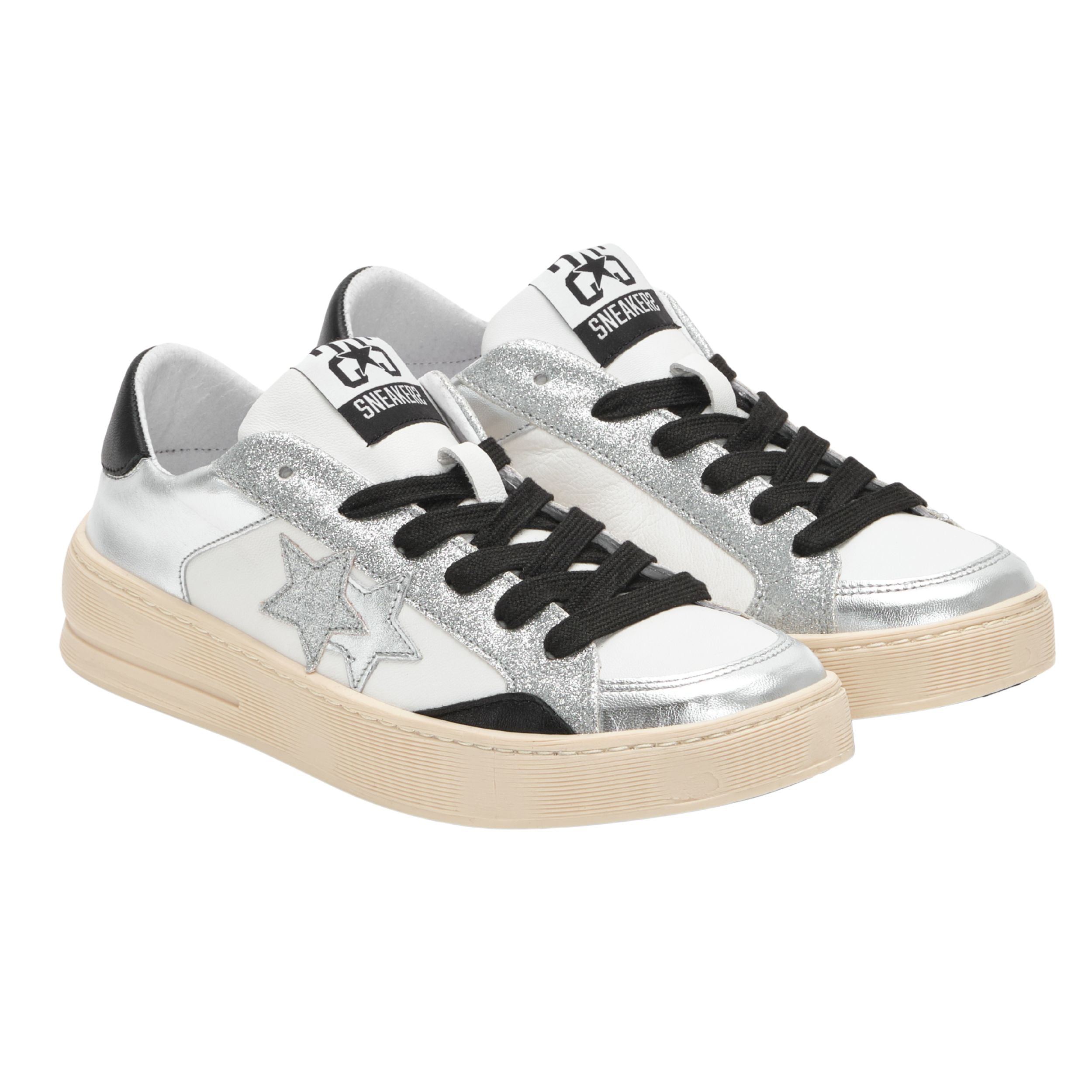 2Star Scarpe Sneakers Made in Italy artigianali Enjoy Star Pelle donna Bianco argento nero