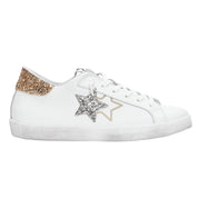 2Star Scarpe Sneakers Made in Italy artigianali PRIME STAR Pelle donna Bianco argento oro