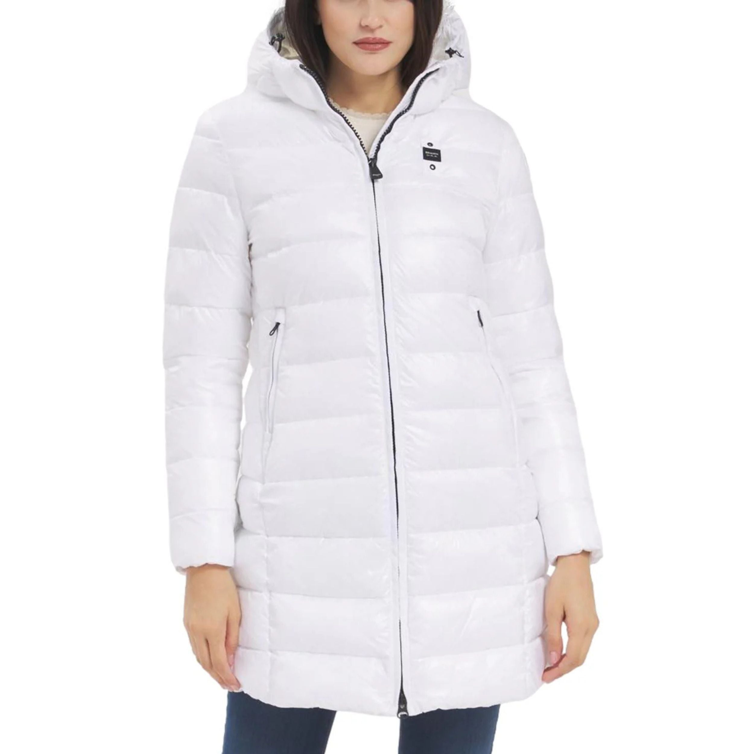 Blauer Parka Lungo Imbottito Adelaide Bianco Ottico Donna con Cappuccio Fisso