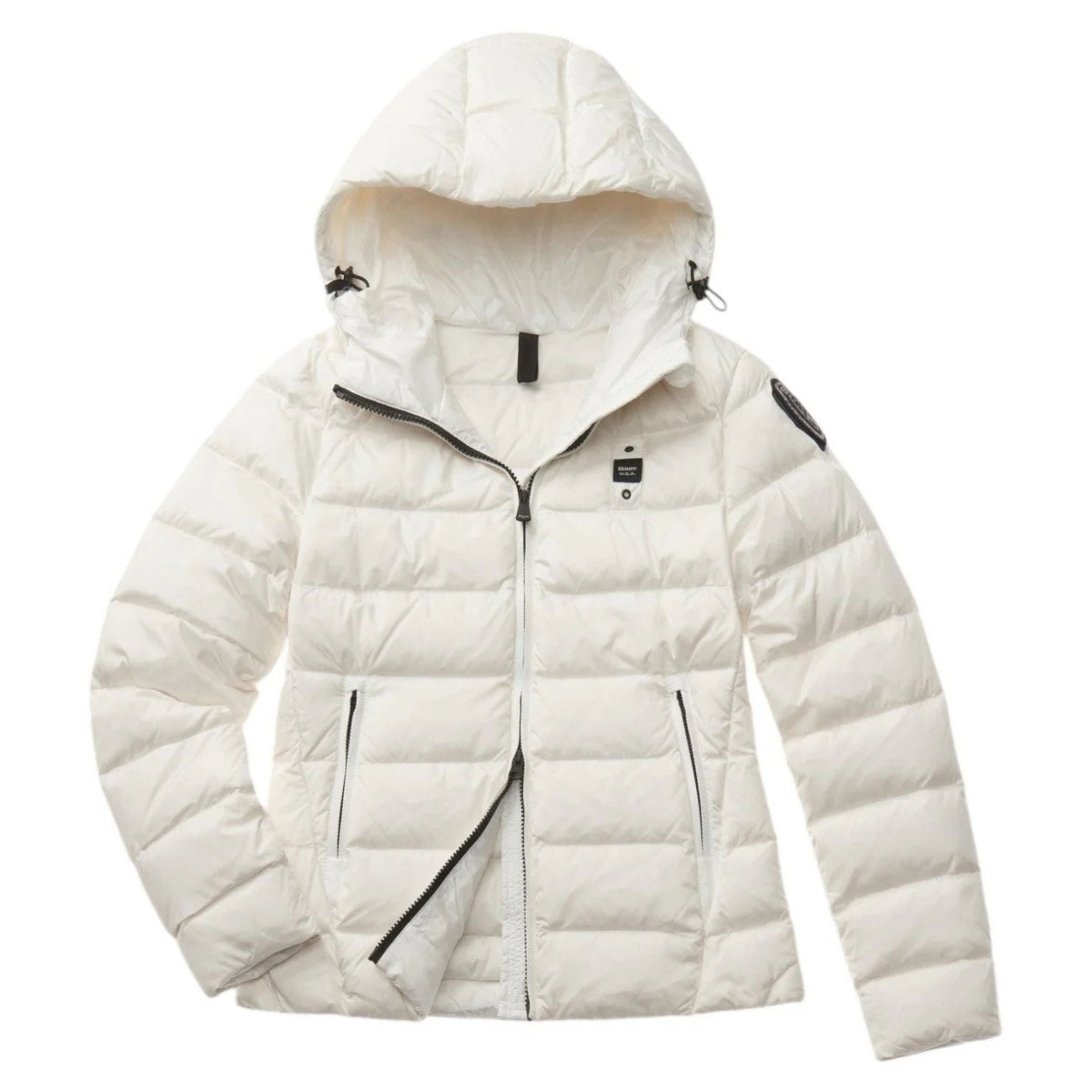 Blauer Piumino Sfiancato Charme Bianco Ottico Donna con Cappuccio Fisso