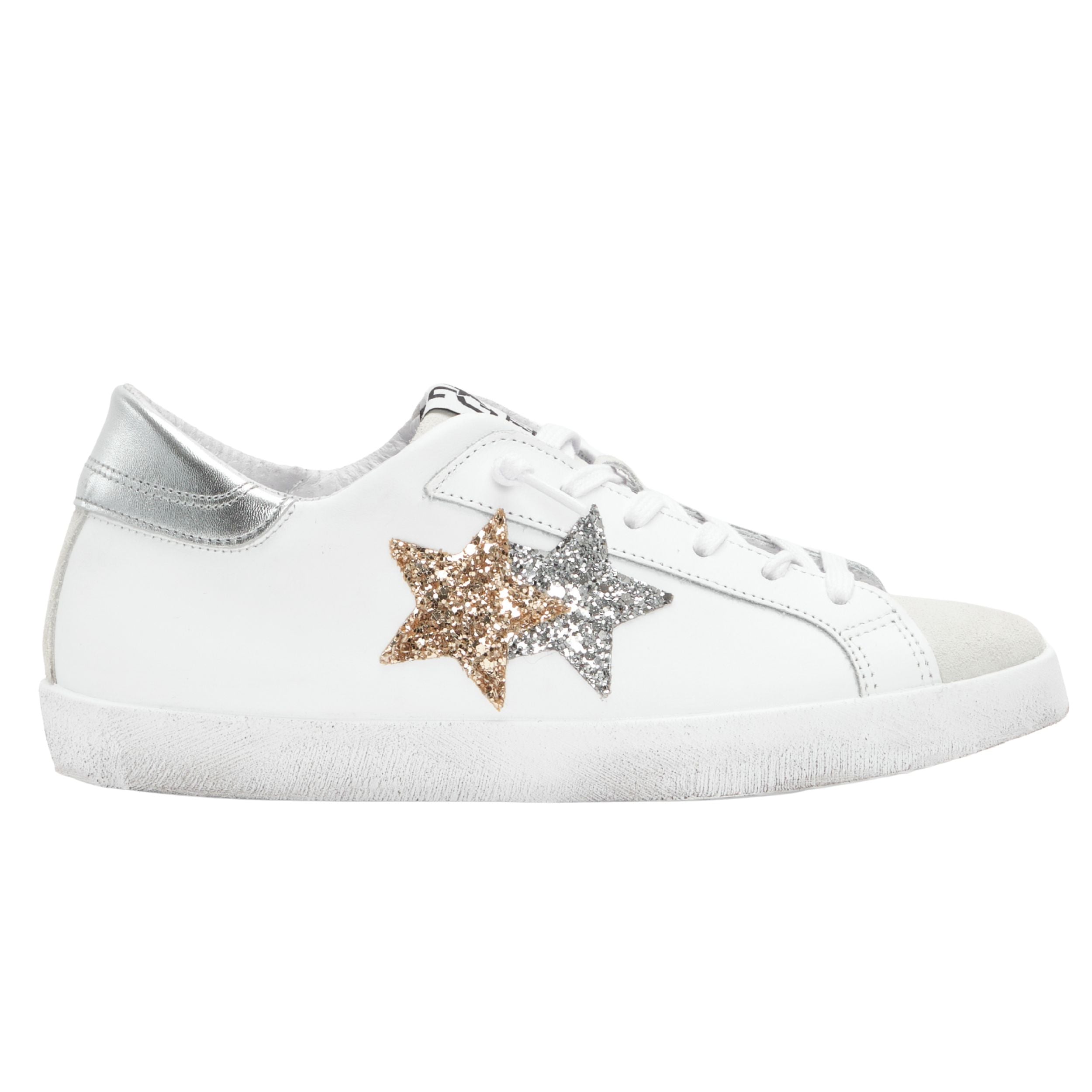 2Star Scarpe Sneakers Made in Italy artigianali PRIME STAR Pelle donna Bianco oro argento
