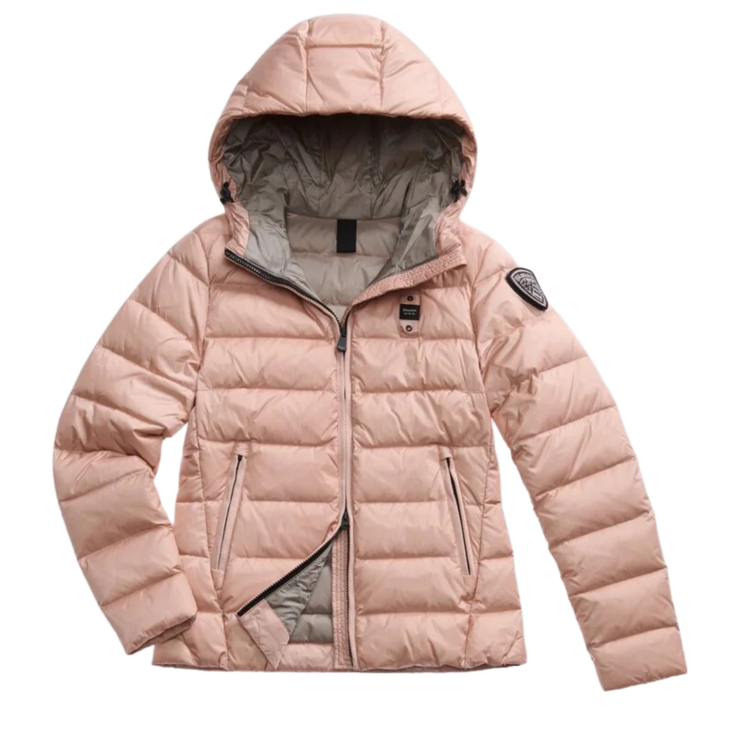 Blauer Piumino Sfiancato Charme Rosa Interno Grigio Donna con Cappuccio Fisso