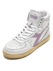 Diadora Heritage Sneaker MI Basket USED in Pelle Premium Stone Wash Bianco Viola Lavanda Unisex