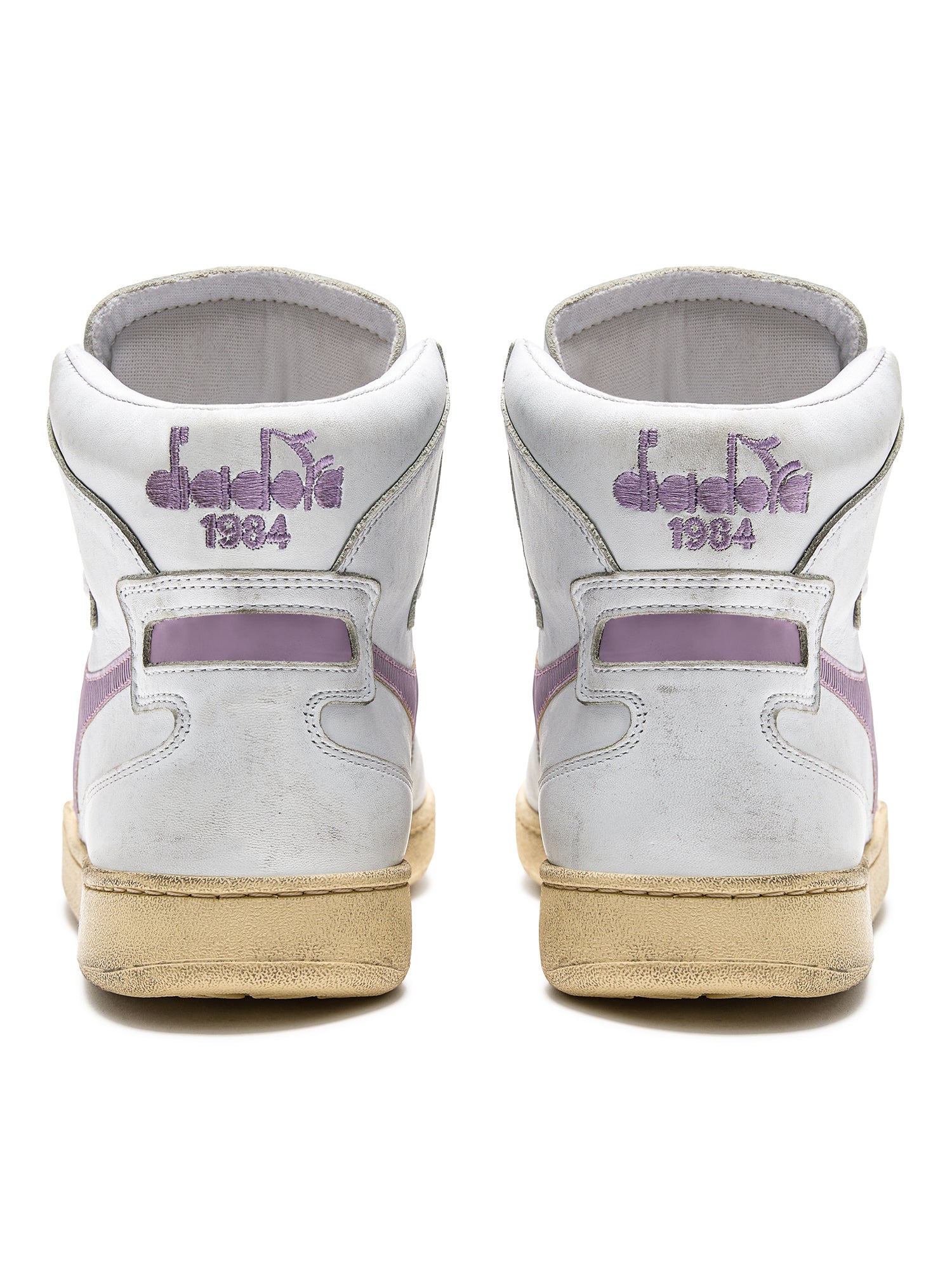 Diadora Heritage Sneaker MI Basket USED in Pelle Premium Stone Wash Bianco Viola Lavanda Unisex