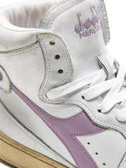 Diadora Heritage Sneaker MI Basket USED in Pelle Premium Stone Wash Bianco Viola Lavanda Unisex