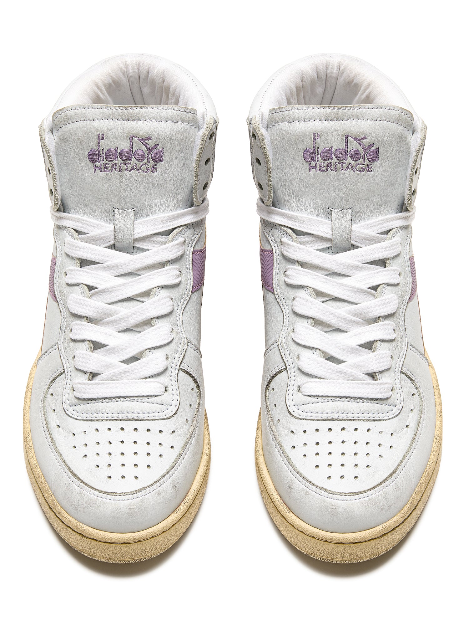 Diadora Heritage Sneaker MI Basket USED in Pelle Premium Stone Wash Bianco Viola Lavanda Unisex