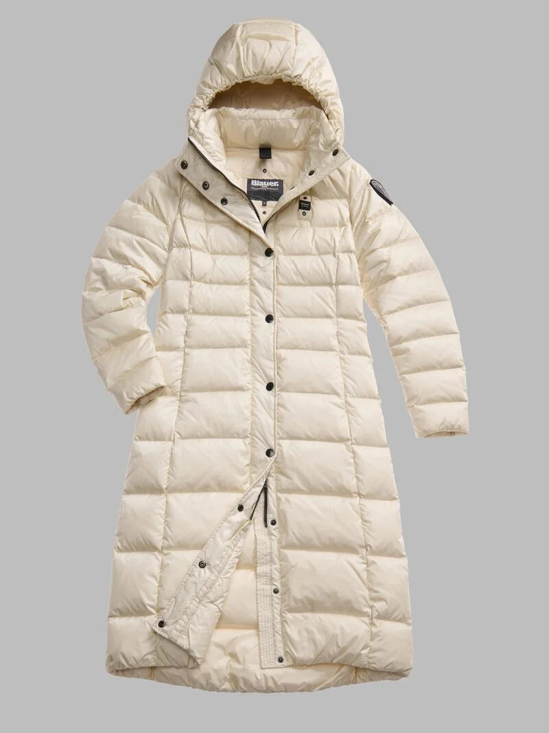 Blauer Parka Piumino lungo idrorepellente trapuntato a righe orizzontali beige donna ANITA