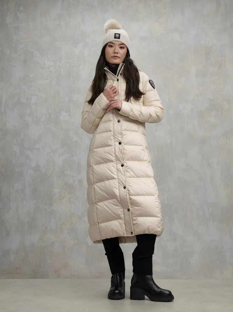 Blauer Parka Piumino lungo idrorepellente trapuntato a righe orizzontali beige donna ANITA