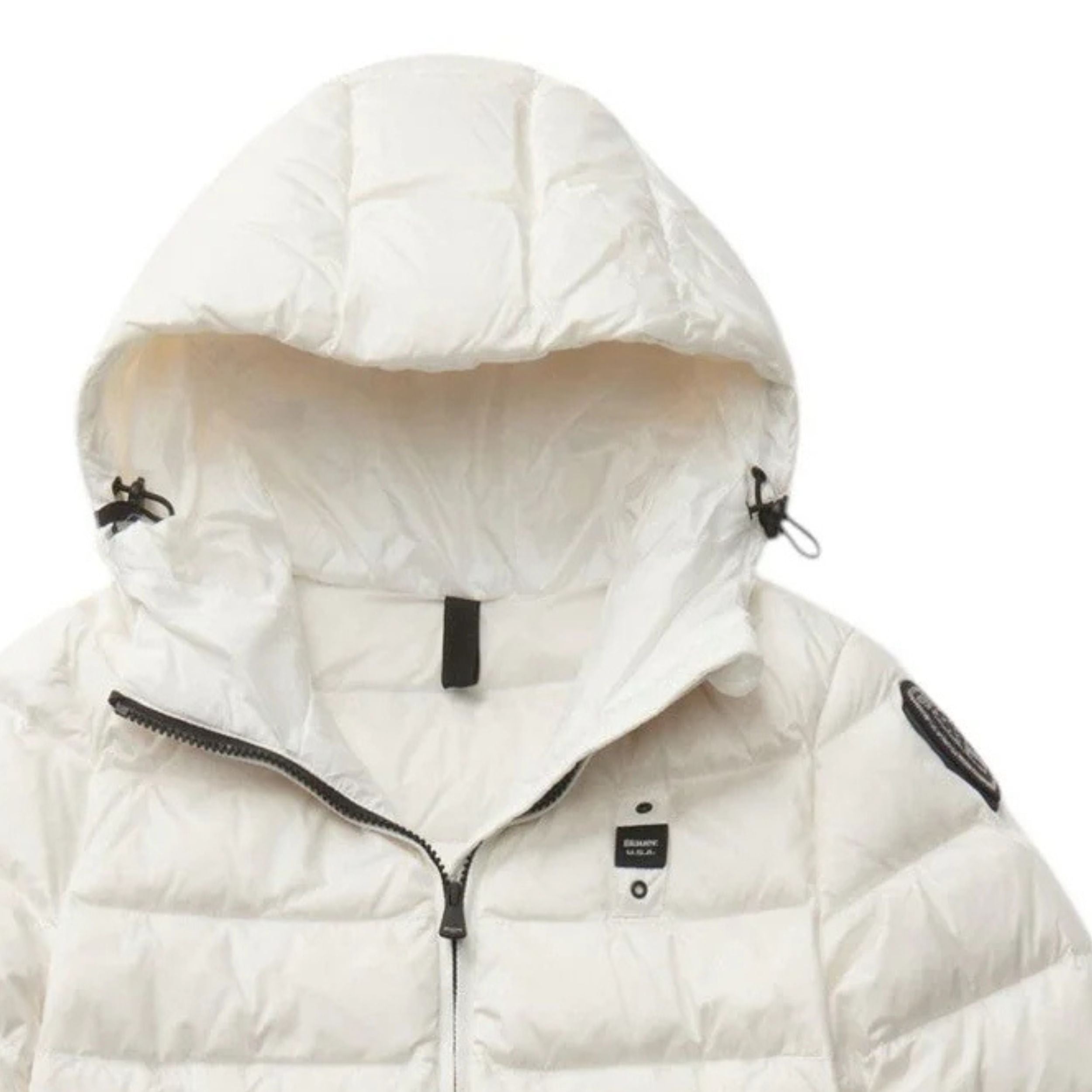 Blauer Piumino Sfiancato Charme Bianco Ottico Donna con Cappuccio Fisso