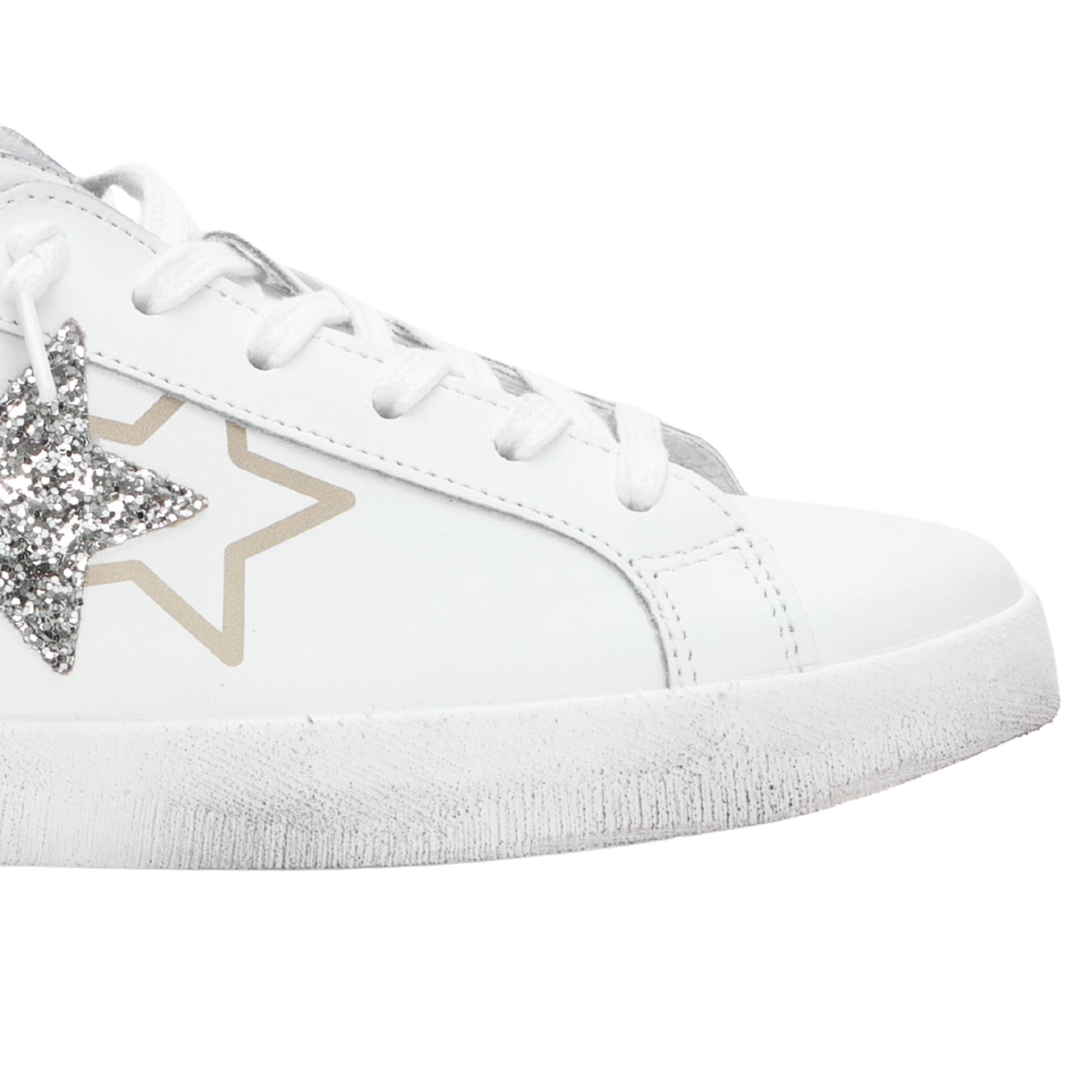 2Star Scarpe Sneakers Made in Italy artigianali PRIME STAR Pelle donna Bianco argento oro