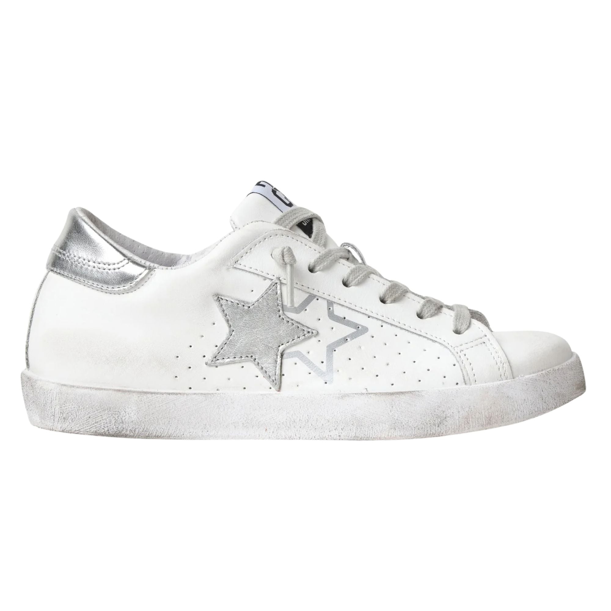 2Star Scarpe Sneakers Made in Italy artigianali One Star Pelle Bianco con Glitter Argento 2SD5103