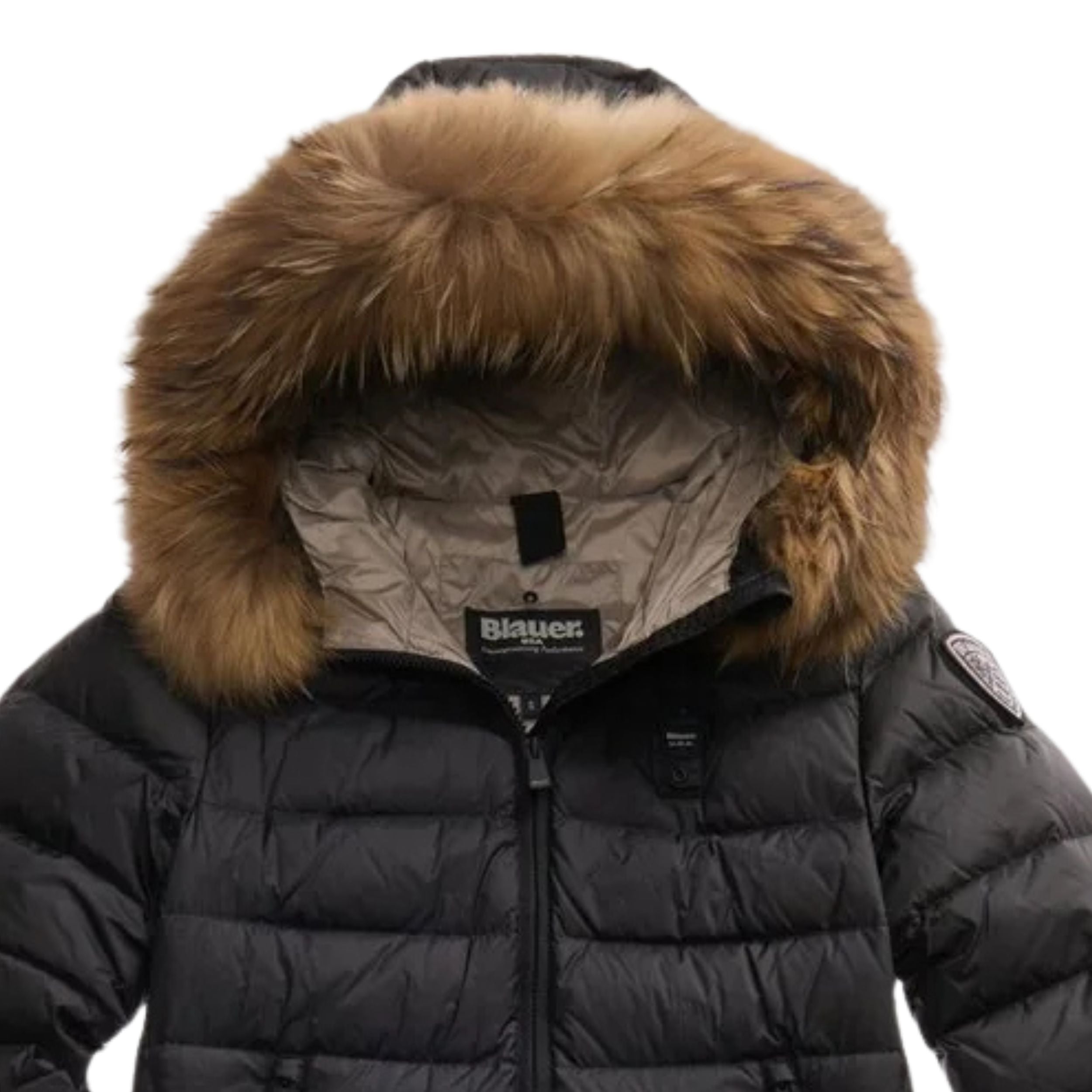 Blauer Piumino Lungo Imbottito Kristin Nero Interno Beige Donna con Cappuccio Fisso