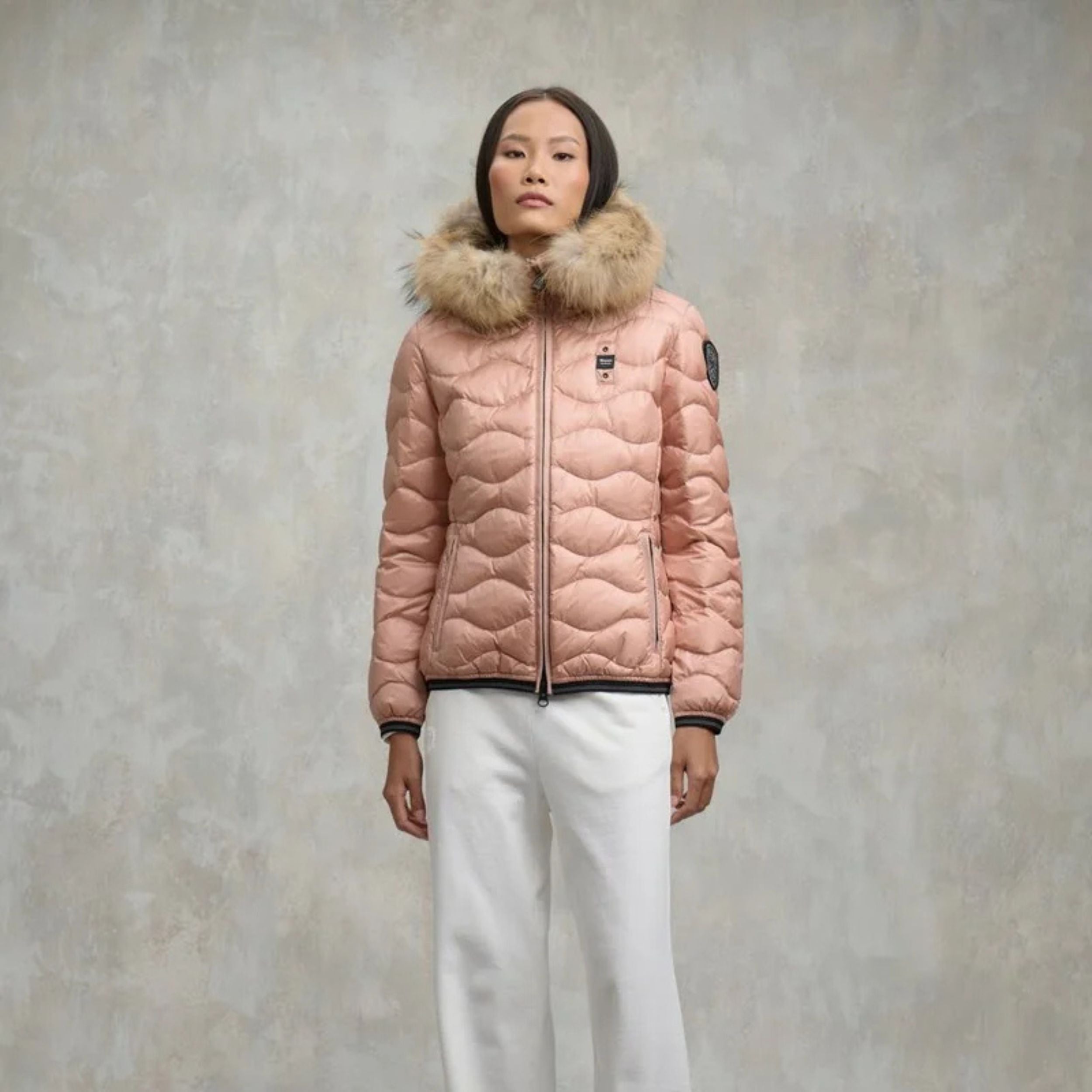 Blauer Piumino Corto Aldie Rosa Pallido Donna Interno Grigio con Cappuccio con Pelliccia