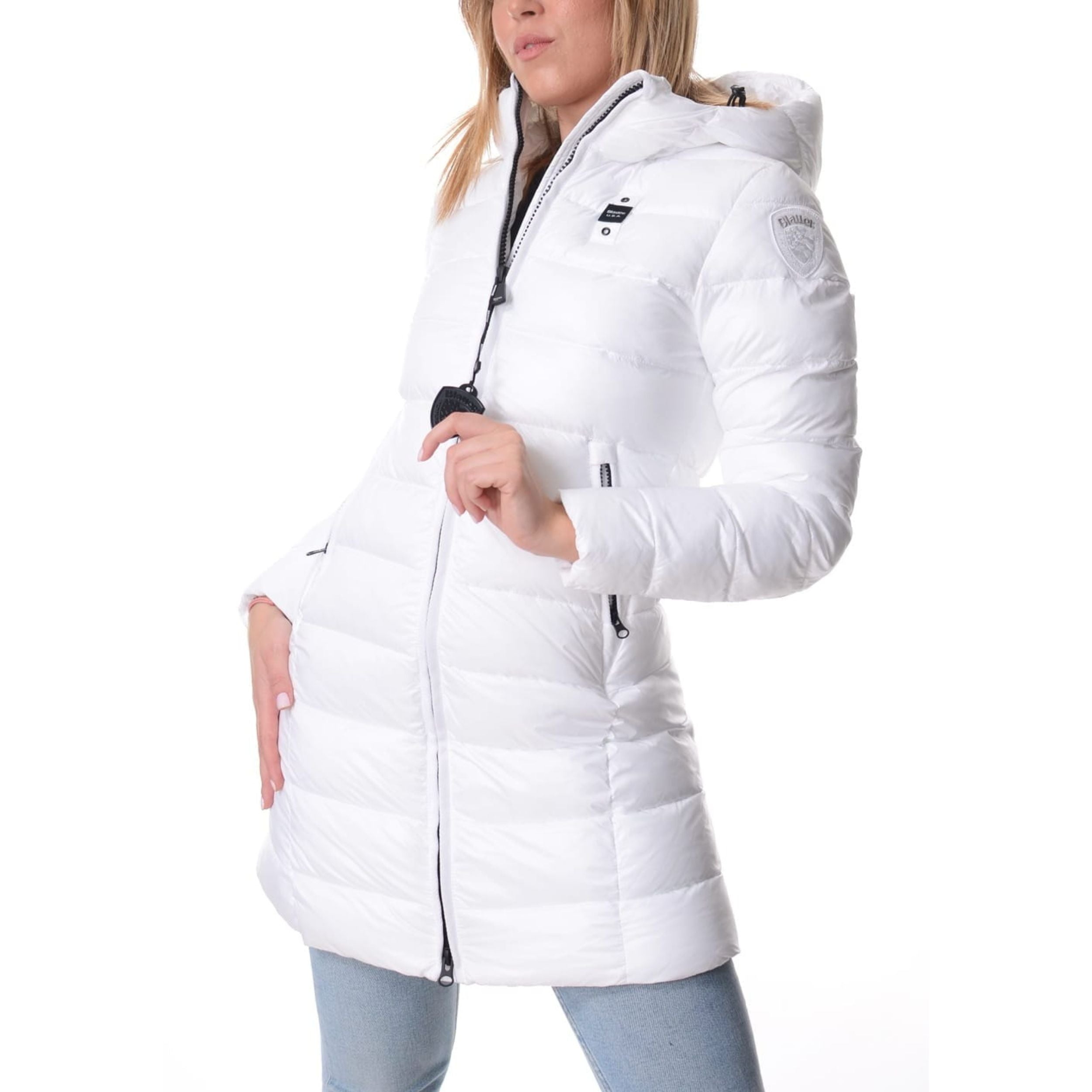 Blauer Parka Lungo Imbottito Adelaide Bianco Ottico Donna con Cappuccio Fisso