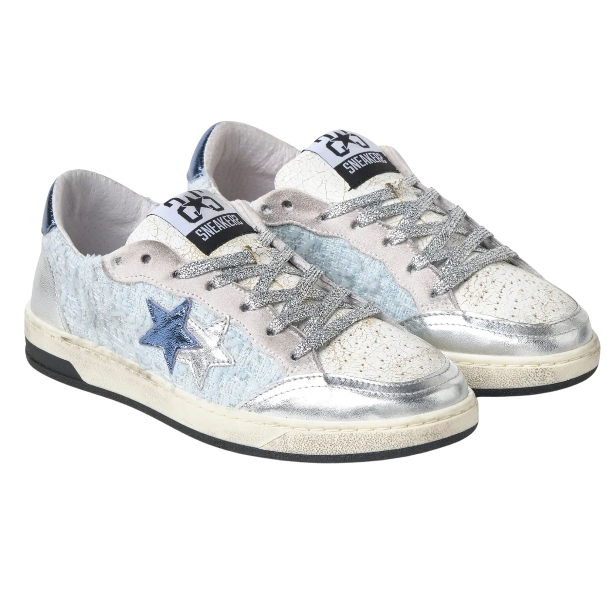 2Star Scarpe Sneakers Made in Italy artigianali WEEK STAR Pelle donna Azzurro Argento D5037