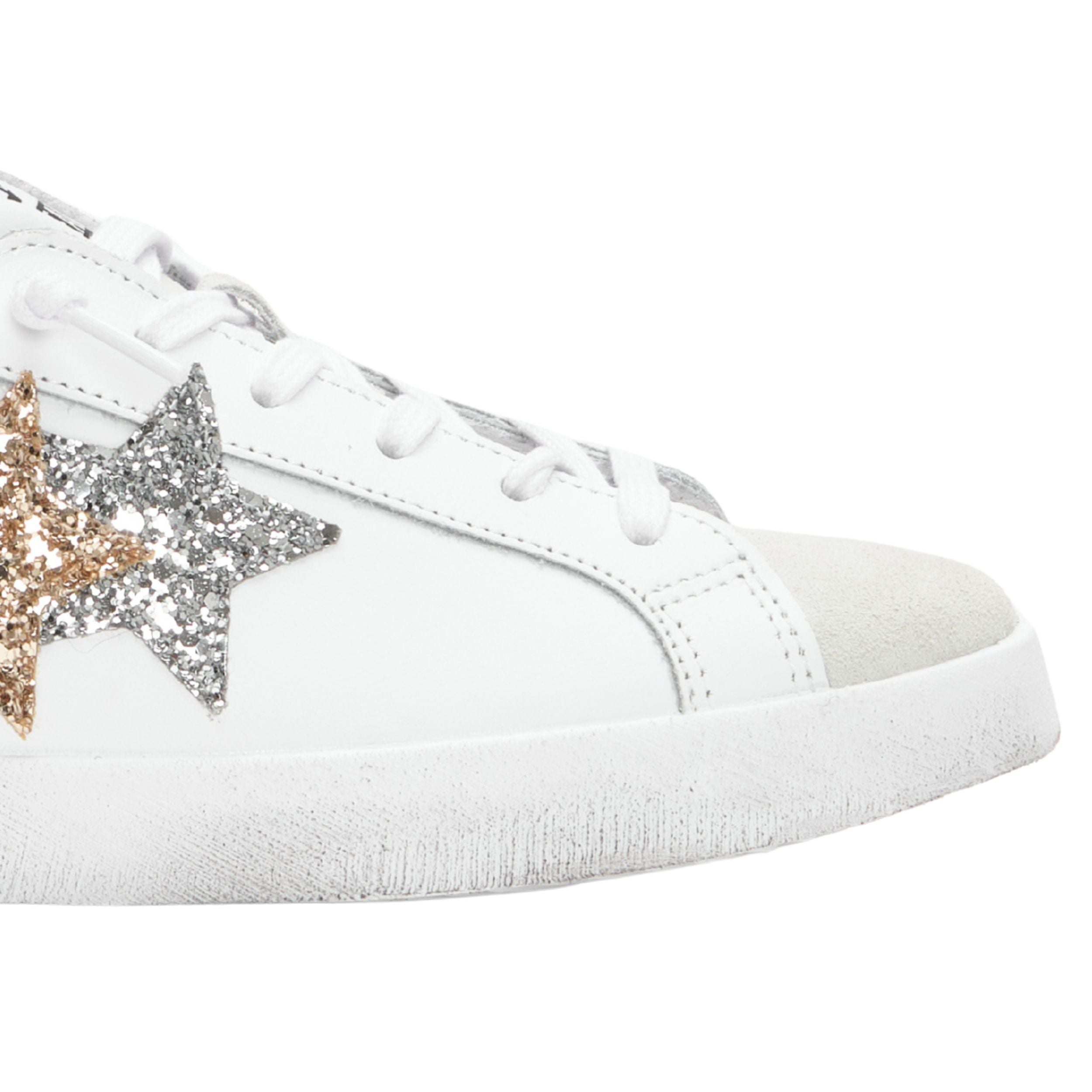 2Star Scarpe Sneakers Made in Italy artigianali PRIME STAR Pelle donna Bianco oro argento