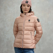 Blauer Piumino Sfiancato Charme Rosa Interno Grigio Donna con Cappuccio Fisso