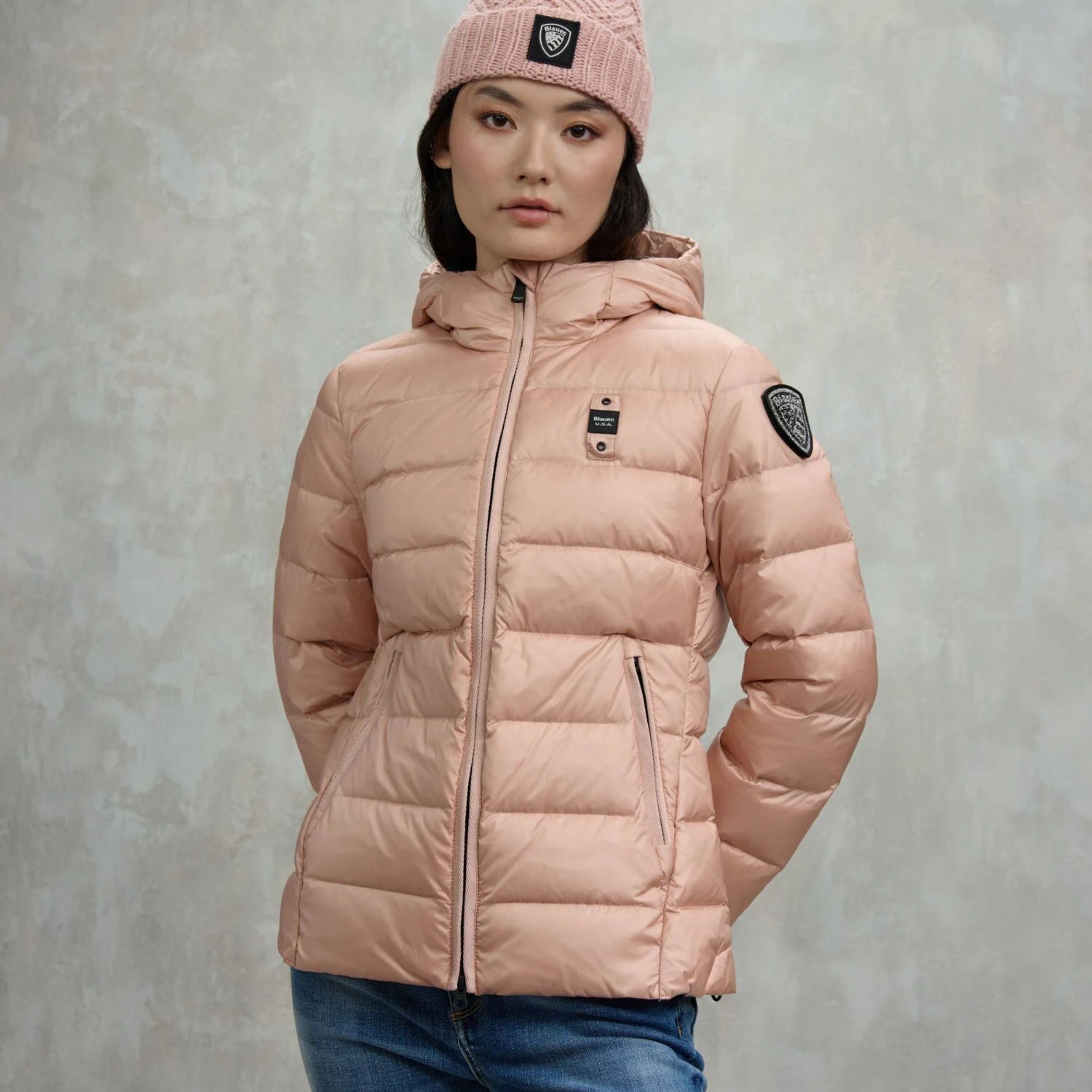 Blauer Piumino Sfiancato Charme Rosa Interno Grigio Donna con Cappuccio Fisso