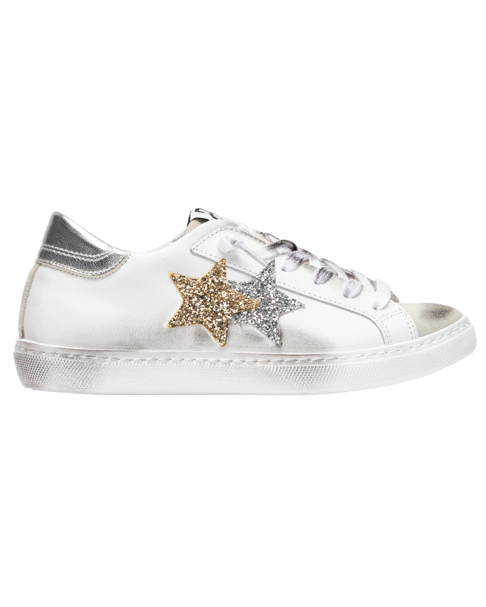 2Star Women's Casual Sneakers Low Version Used Effect in White Leather