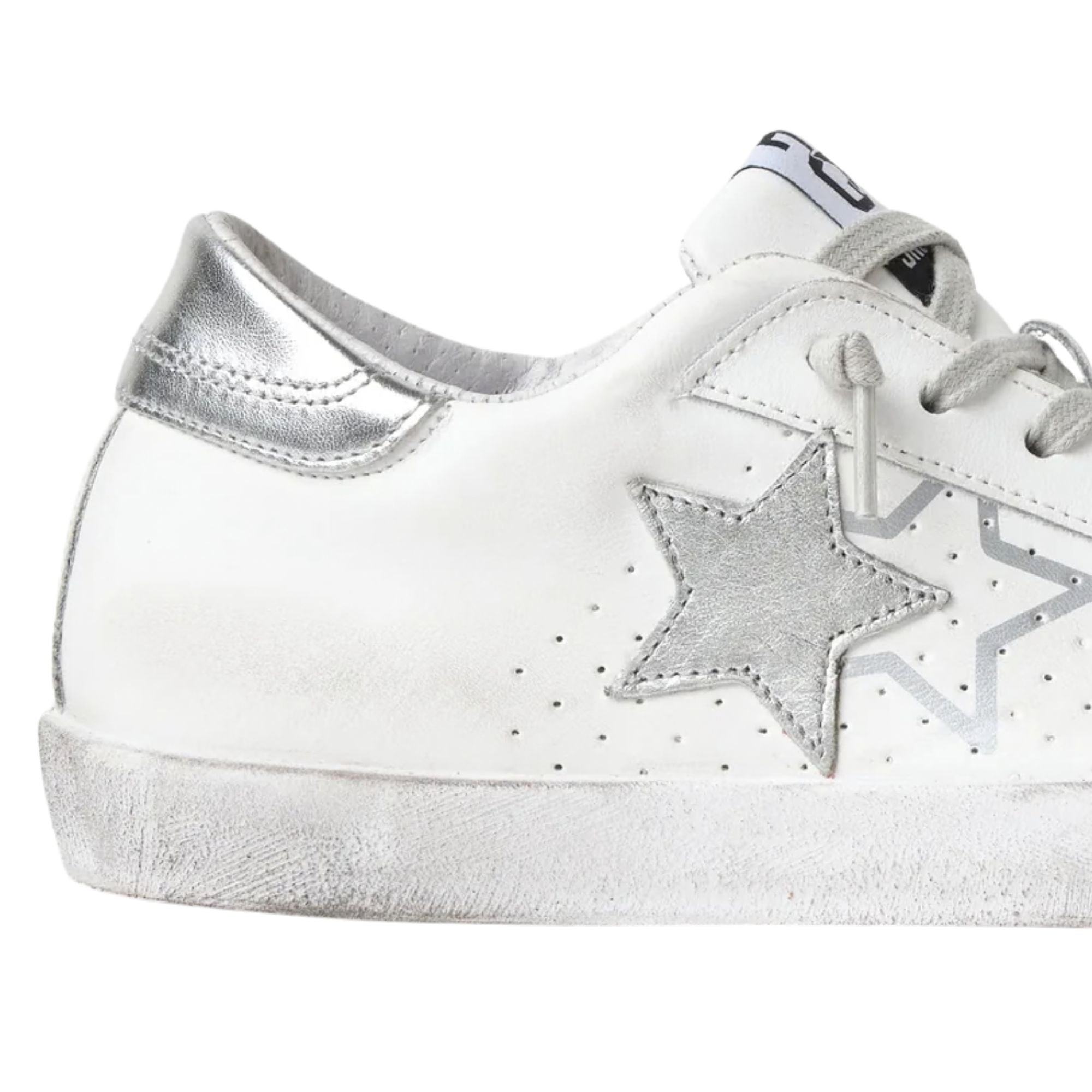 2Star Scarpe Sneakers Made in Italy artigianali One Star Pelle Bianco con Glitter Argento 2SD5103