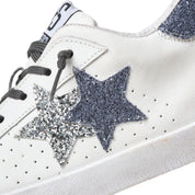 2Star Scarpe Sneakers Made in Italy artigianali One Star Pelle con Glitter Argento Blu 5108