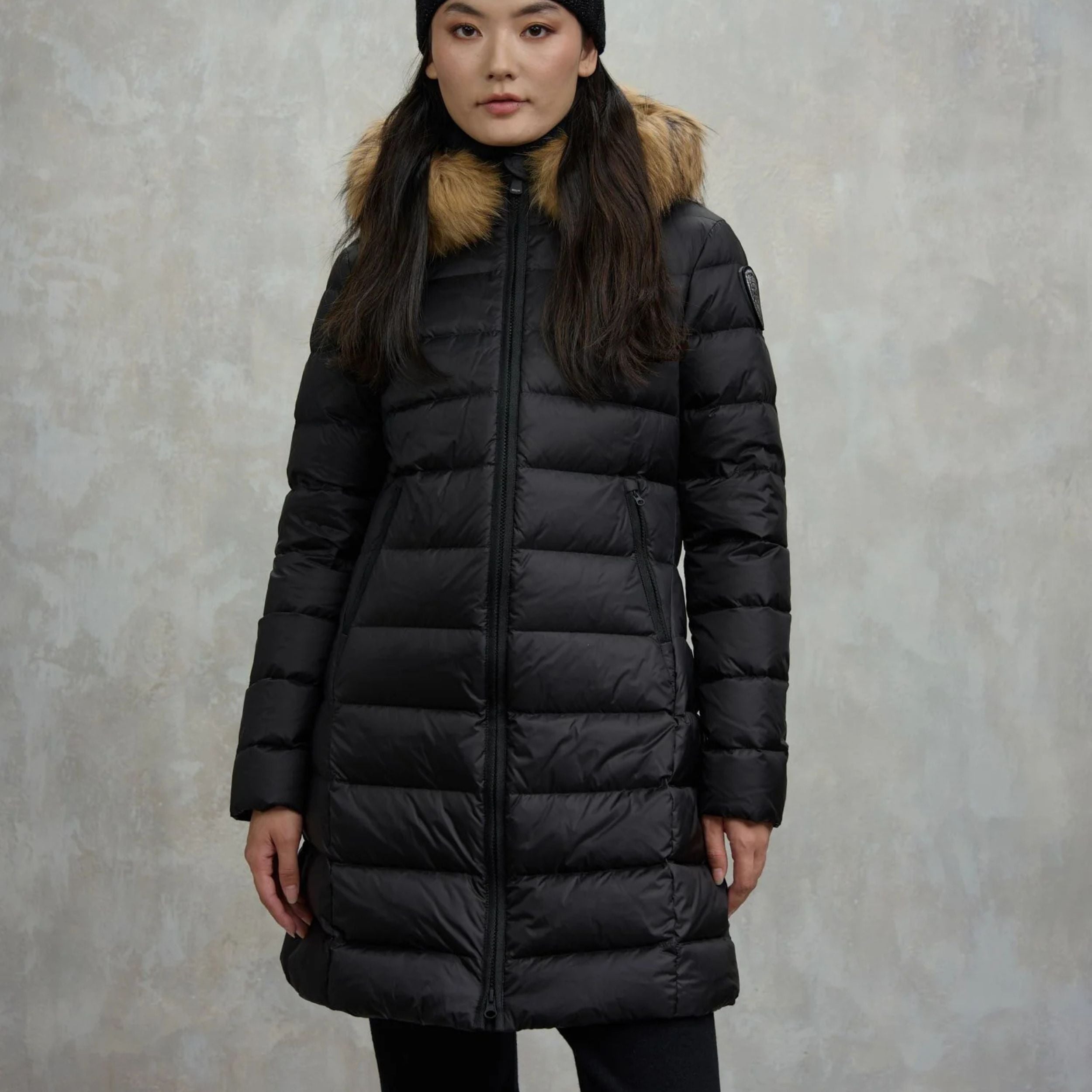 Blauer Piumino Lungo Imbottito Kristin Nero Interno Beige Donna con Cappuccio Fisso