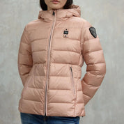 Blauer Piumino Sfiancato Charme Rosa Interno Grigio Donna con Cappuccio Fisso