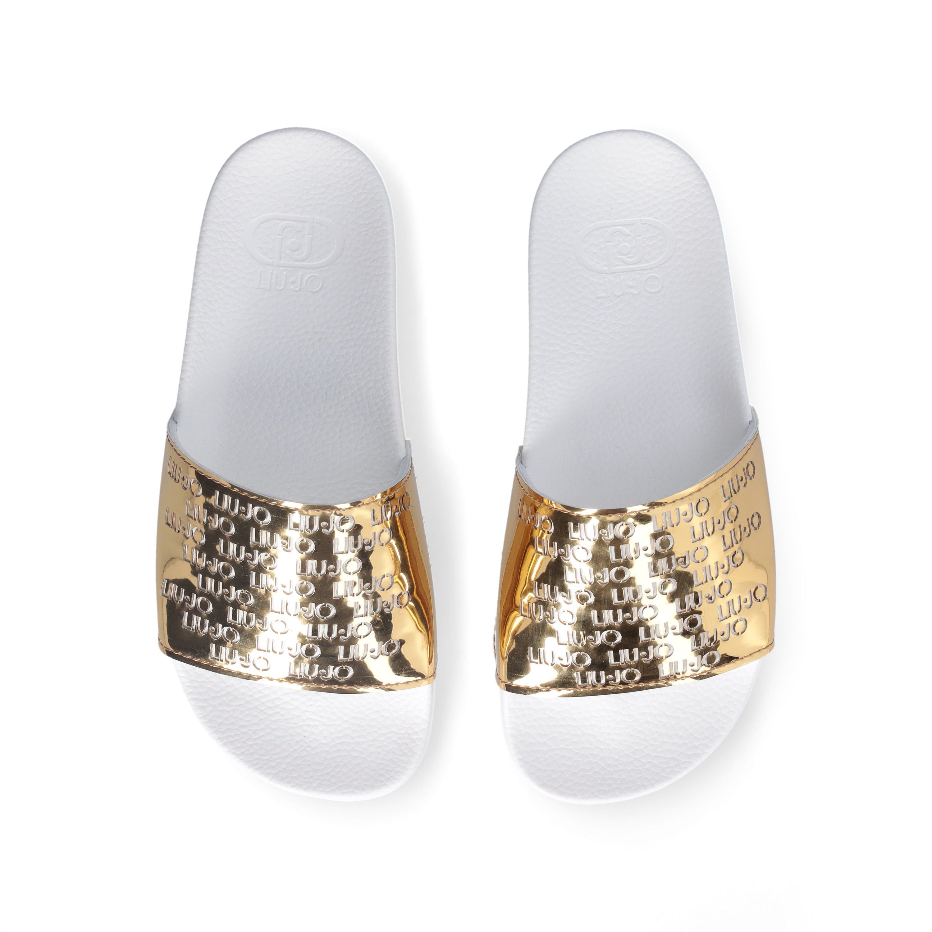 Liu Jo Scarpe ciabatte Kos 18 Sandali Mirror bianco oro maxi fascia LOGO ALL OVER
