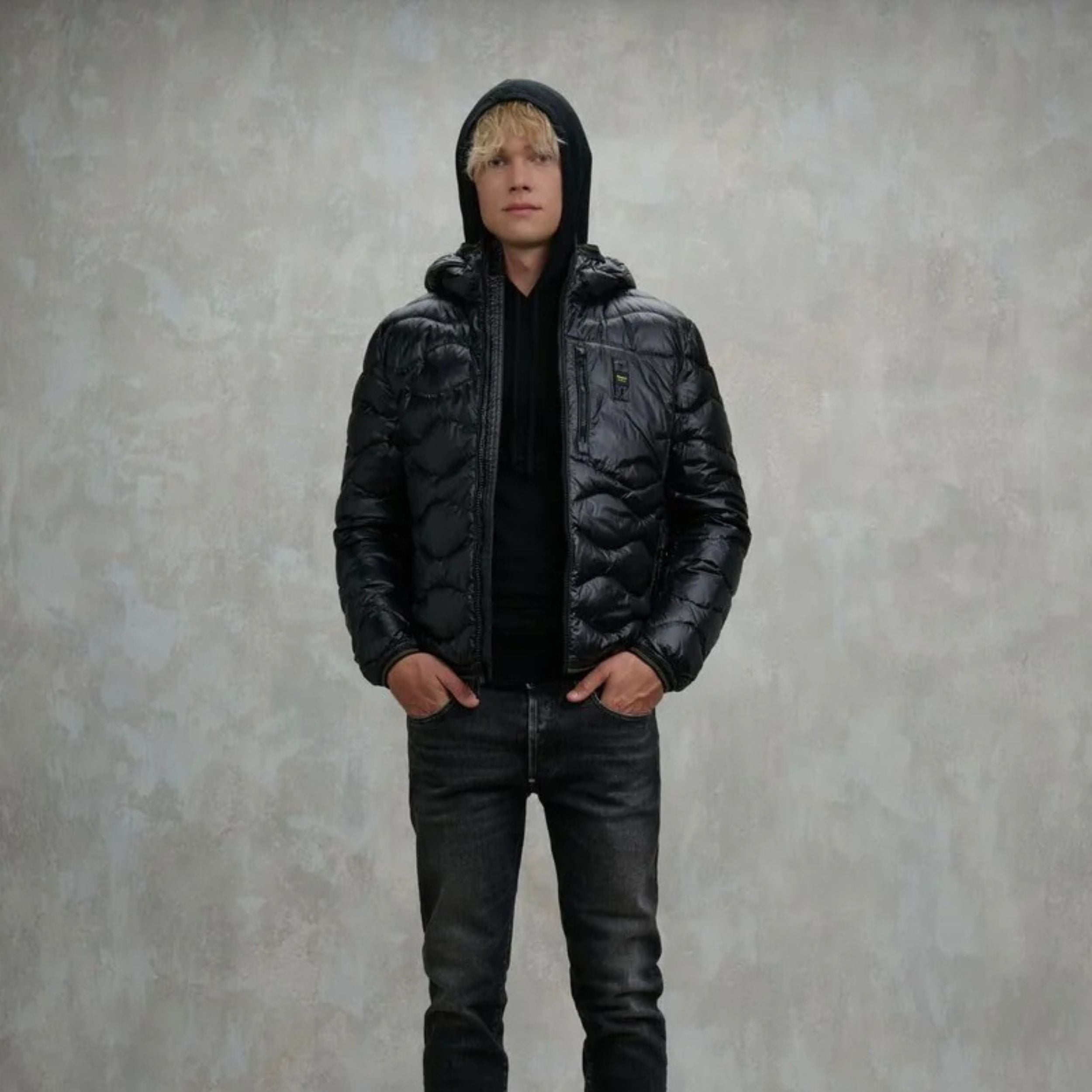 Blauer Giubbino Corto Wave Trama Onda Orizzontale Nero Uomo