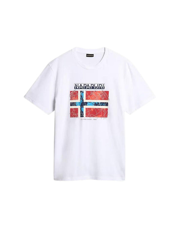Napapijri T-shirt Cotone Manica Corta con Logo e Bandiera Norvegese Bianco
