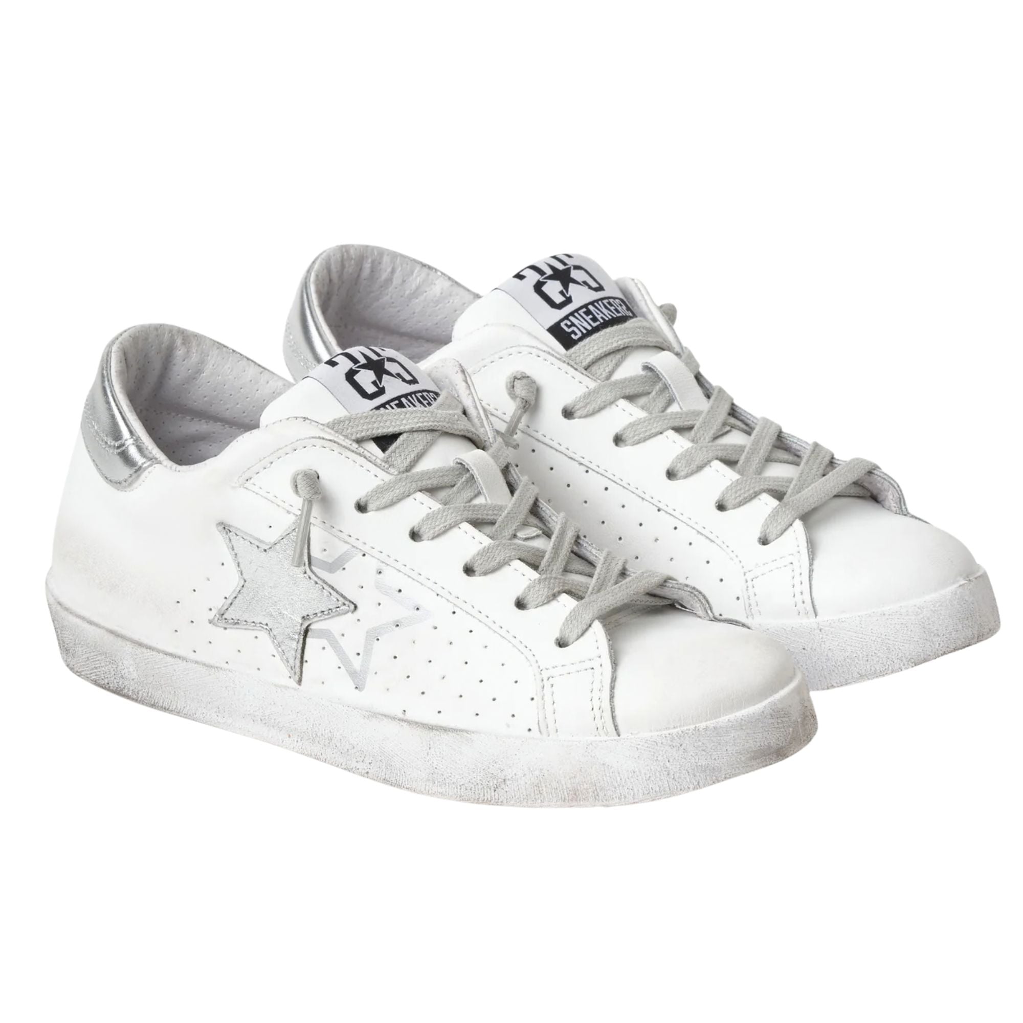 2Star Scarpe Sneakers Made in Italy artigianali One Star Pelle Bianco con Glitter Argento 2SD5103