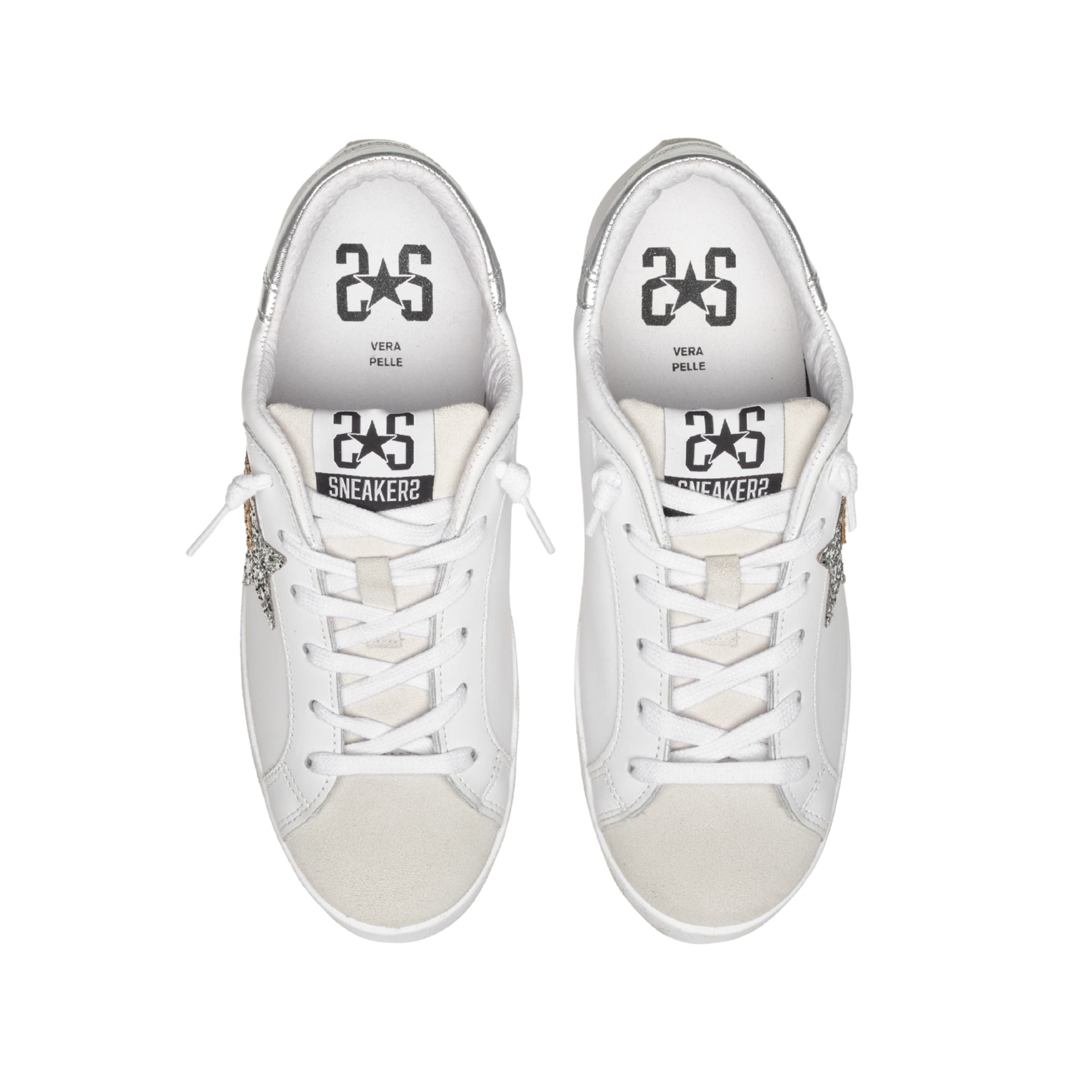 2Star Scarpe Sneakers Made in Italy artigianali PRIME STAR Pelle donna Bianco oro argento
