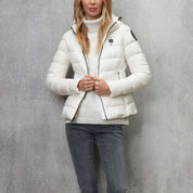 Blauer Piumino Sfiancato Charme Bianco Ottico Donna con Cappuccio Fisso