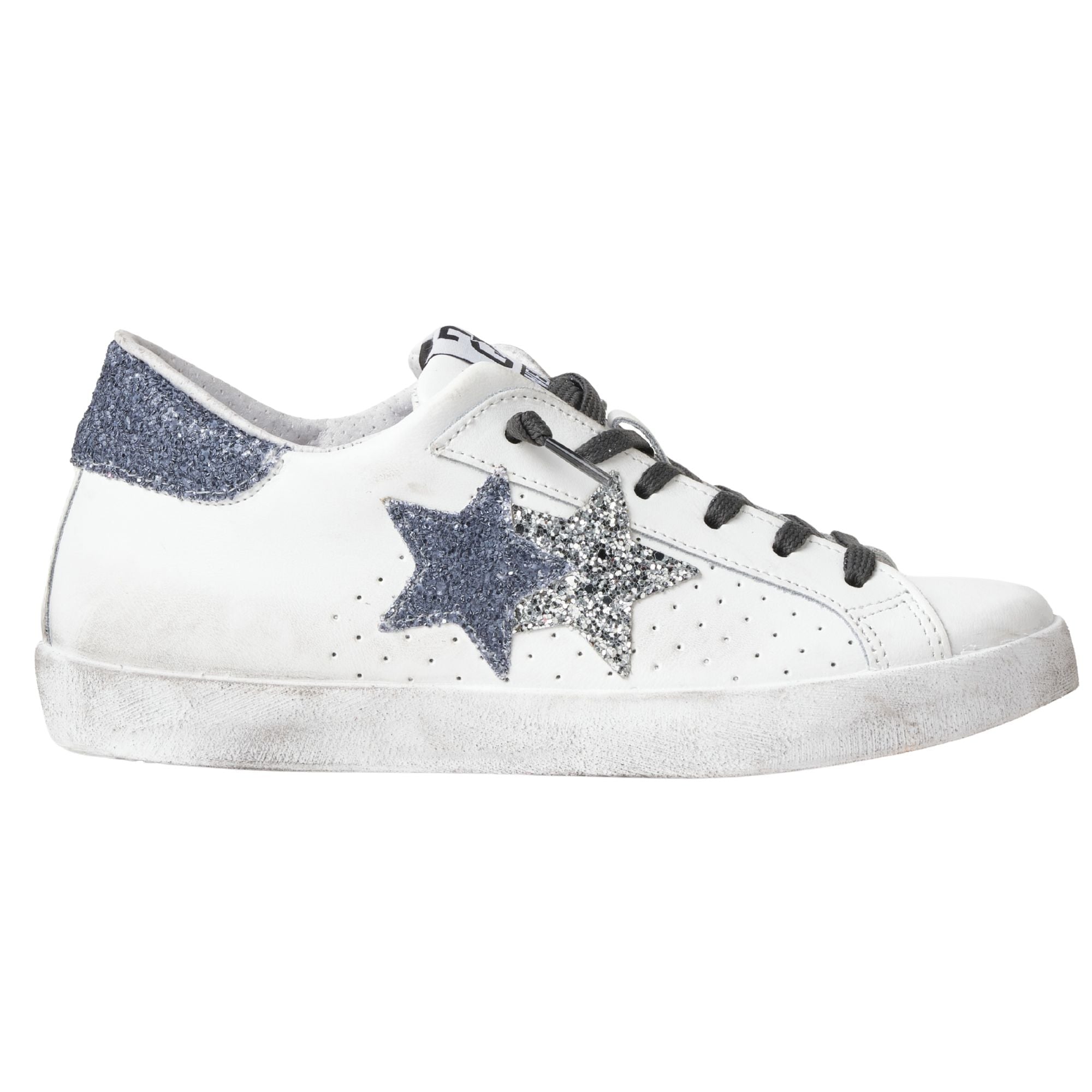2Star Scarpe Sneakers Made in Italy artigianali One Star Pelle con Glitter Argento Blu 5108
