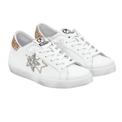2Star Scarpe Sneakers Made in Italy artigianali PRIME STAR Pelle donna Bianco argento oro