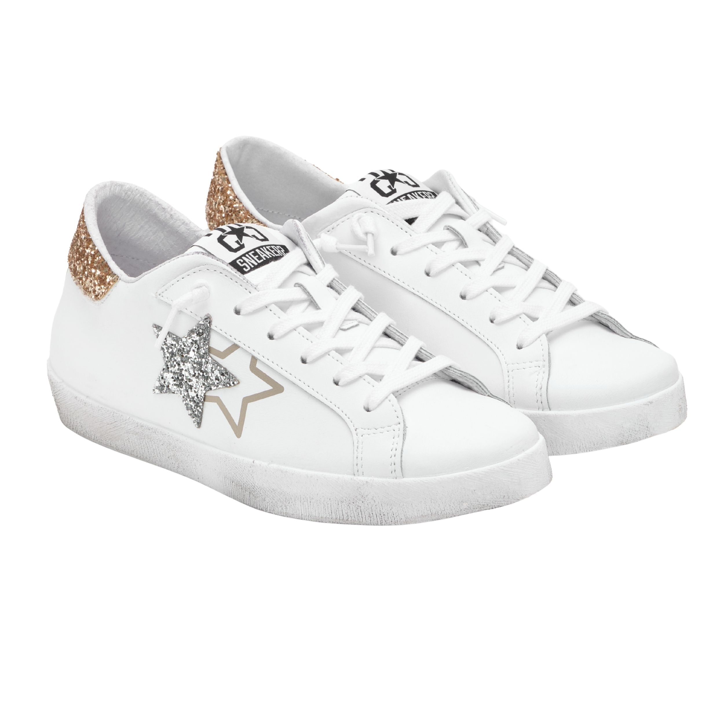 2Star Scarpe Sneakers Made in Italy artigianali PRIME STAR Pelle donna Bianco argento oro