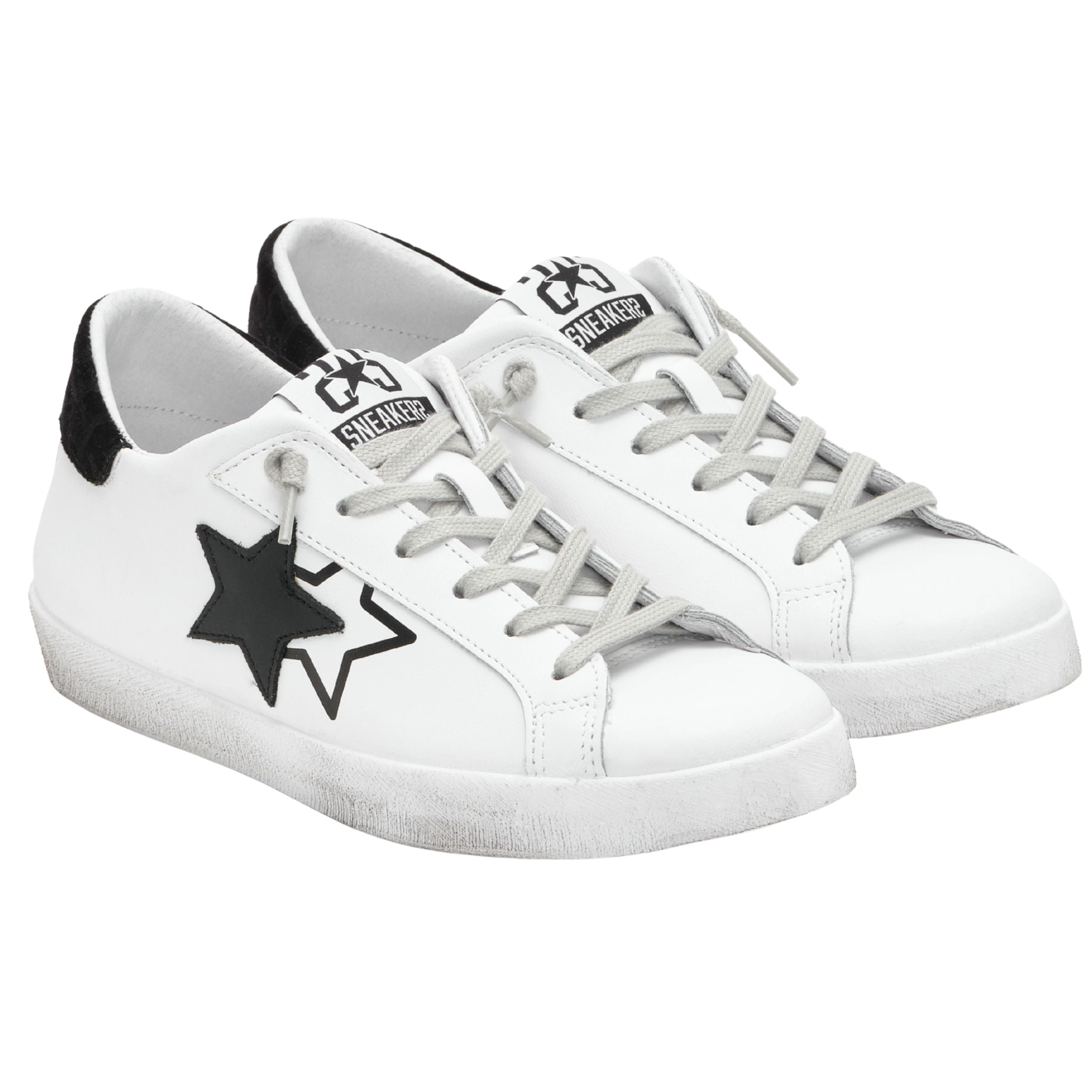 2Star Scarpe Sneakers Made in Italy artigianali PRIME STAR Pelle donna Bianco Nero